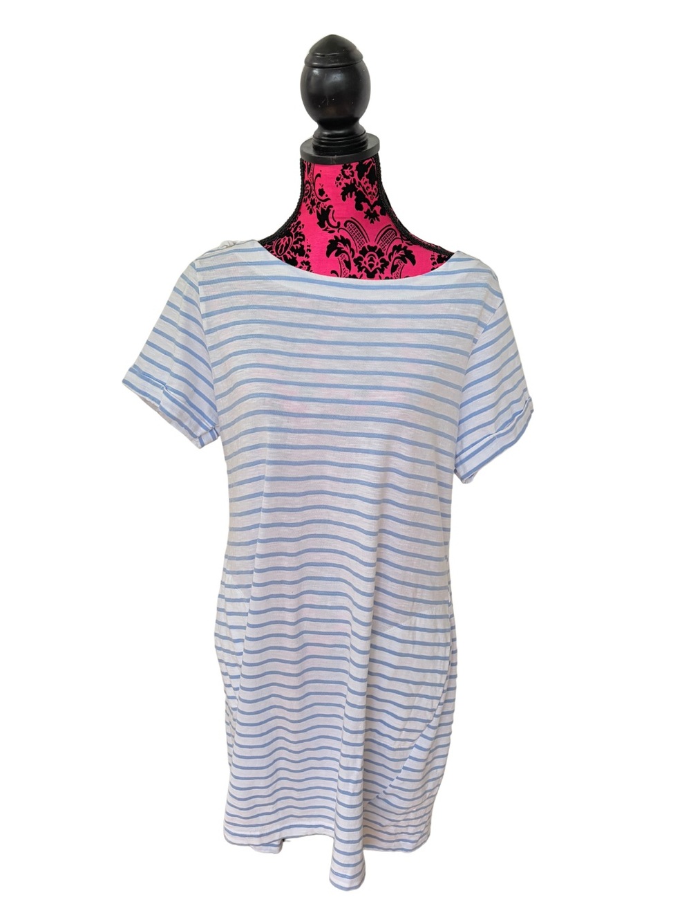 Erika Blue White Striped Cotton T-Shirt Dress Lace Up Shoulders L